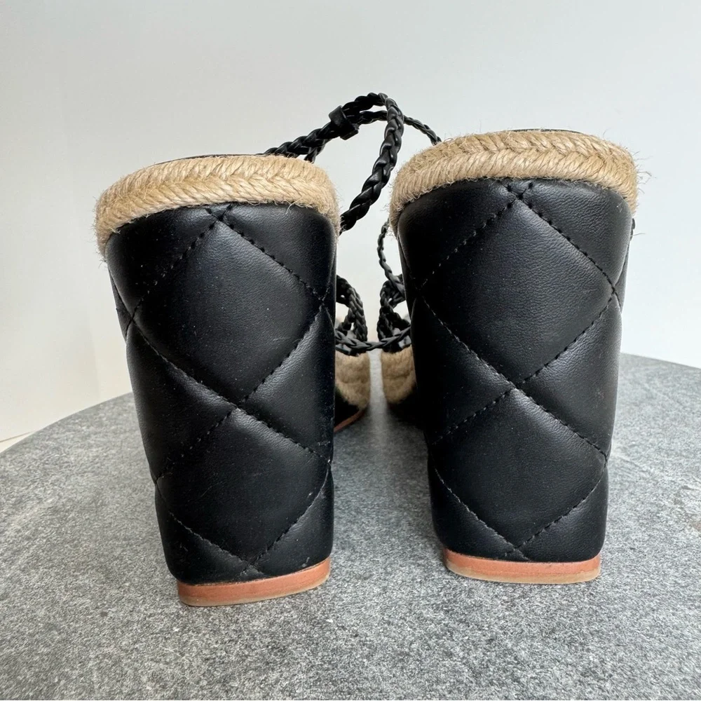 Marc Fisher Black Tan Hayla Wedge Heels Sandals 8 Leather